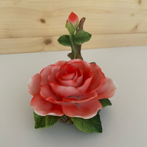 Vintage Coral Pink Porcelain Rose Figurine on Branch with Leaves Blooming Rose - Picture 2 of 9